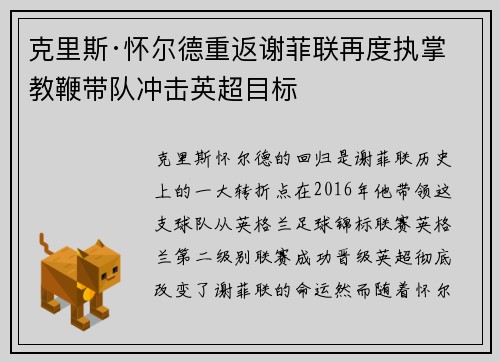 克里斯·怀尔德重返谢菲联再度执掌教鞭带队冲击英超目标